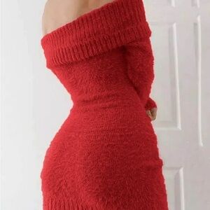 Off-Shoulder Red Sweater Dress